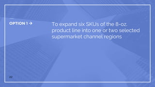 OPTION 1  To expand six SKUs of the 8-oz.
product line into one or two selected
supermarket channel regions
22
 