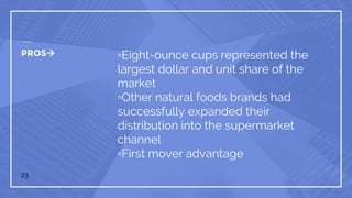 PROS ▫Eight-ounce cups represented the
largest dollar and unit share of the
market
▫Other natural foods brands had
successfully expanded their
distribution into the supermarket
channel
▫First mover advantage
23
 