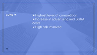 CONS  Highest level of competition
Increase in advertising and SG&A
costs
High risk involved
24
 