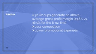 PROS 32 Oz cups generate an above-
average gross profit margin (43.6% vs.
36.0% for the 8-oz. line)
Less competition
Lower promotional expenses
28
 