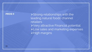 PROS Strong relationships with the
leading natural foods channel
retailers
Very attractive Financial potential
Low sales and marketing expenses
High margins
33
 