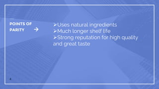 POINTS OF
PARITY 
Uses natural ingredients
Much longer shelf life
Strong reputation for high quality
and great taste
4
 