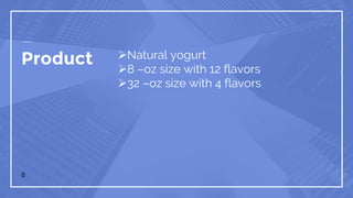 Product Natural yogurt
8 –oz size with 12 flavors
32 –oz size with 4 flavors
8
 