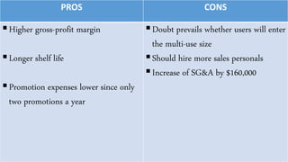 PROS CONS
Higher gross-profit margin
Longer shelf life
Promotion expenses lower since only
two promotions a year
Doubt prevails whether users will enter
the multi-use size
Should hire more sales personals
Increase of SG&A by $160,000
 
