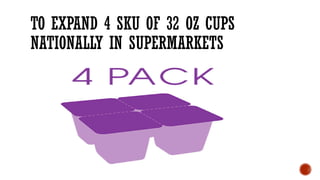 TO EXPAND 4 SKU OF 32 OZ CUPS
NATIONALLY IN SUPERMARKETS
 