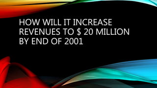 HOW WILL IT INCREASE
REVENUES TO $ 20 MILLION
BY END OF 2001
 