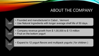 ABOUT THE COMPANY
1989
• Founded and manufactured in Cabot , Vermont
• Use Natural Ingredients with longer average shelf life of 50 days.
1999
• Company revenue growth from $ 1,00,000 to $ 13 million
• Fruit on the bottom yogurt
2000
• Expand to 12 yogurt flavors and multipack yogurts ( for children )
 