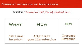 Current situation of Natureview
Difficulties : Investor (VC firm) cashed out
What
Get a new
investor
How
Attain max.
possible valuation
So
Increase
Revenues
 