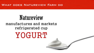 What does Natureview Farm do
Natureview
manufactures and markets
refrigerated cup
YOGURT
 