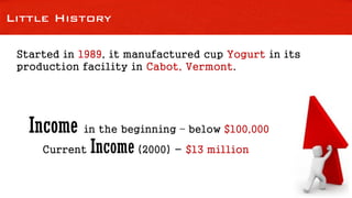 Little History
Started in 1989, it manufactured cup Yogurt in its
production facility in Cabot, Vermont.
Income in the beginning – below $100,000
Current Income (2000) - $13 million
 