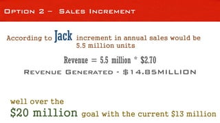 Option 2 – Sales Increment
According to Jack increment in annual sales would be
5.5 million units
Revenue = 5.5 million * $2.70
Revenue Generated - $14.85MILLION
well over the
$20 million goal with the current $13 million
 