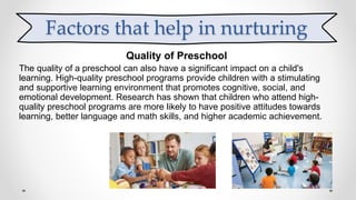 Quality of Preschool
The quality of a preschool can also have a significant impact on a child's
learning. High-quality preschool programs provide children with a stimulating
and supportive learning environment that promotes cognitive, social, and
emotional development. Research has shown that children who attend high-
quality preschool programs are more likely to have positive attitudes towards
learning, better language and math skills, and higher academic achievement.
Factors that help in nurturing
 