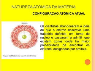 NATUREZA ATÔMICA DA MATÉRIA
        CONFIGURAÇÃO ATÔMICA ATUAL


            Os cientistas abandonaram a idéia
            de que o elétron descrevia uma
            trajetória definida em torno do
            núcleo e passaram a admitir que
            existem zonas onde há maior
            probabilidade de encontrar os
            elétrons, designadas por orbitais.
 