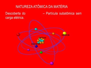 NATUREZA ATÔMICA DA MATÉRIA
Descoberta do NEUTRON – Partícula subatômica sem
carga elétrica.
 