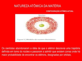 NATUREZA ATÔMICA DA MATÉRIA
                                          CONFIGURAÇÃO ATÔMICA ATUAL




Os cientistas abandonaram a idéia de que o elétron descrevia uma trajetória
definida em torno do núcleo e passaram a admitir que existem zonas onde há
maior probabilidade de encontrar os elétrons, designadas por orbitais.
 