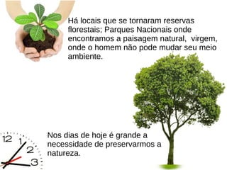 Nos dias de hoje é grande a
necessidade de preservarmos a
natureza.
Há locais que se tornaram reservas
florestais; Parques Nacionais onde
encontramos a paisagem natural, virgem,
onde o homem não pode mudar seu meio
ambiente.
 