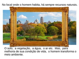 No local onde o homem habita, há sempre recursos naturais.
O solo, a vegetação, a água, o ar etc. Mas, para
melhoria de sua condição de vida, o homem transforma o
meio ambiente.
CENTRAL PARK – NEW YORK - EUA
 