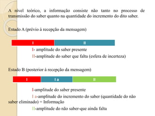 A nível teórico, a informação consiste não tanto no processo de 
transmissão do saber quanto na quantidade do incremento do dito saber. 
Estado A (prévio à recepção da mensagem) 
I II 
I- amplitude do saber presente 
II-amplitude do saber que falta (esfera de incerteza) 
Estado B (posterior à recepção da mensagem) 
I I a II 
I-amplitude do saber presente 
I a-amplitude do incremento do saber (quantidade do não 
saber eliminado) = Informação 
II-amplitude do não saber-que ainda falta 
 
