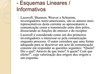 - Esquemas Lineares / 
Informativos 
Lasswell, Shannon, Weaver e Schramm, 
investigadores norte-americanos, são os autores mais 
representativos desta corrente ao apresentarem a 
comunicação como a transmissão entre dois pólos, 
dissociando as funções do emissor e do receptor. 
Lasswell é considerado como um dos primeiros 
investigadores a interessar-se pela comunicação 
enquanto processo. O autor considera que uma forma 
adequada para se descrever um acto de comunicação 
consiste em responder as questões seguintes: “Quem? 
Diz o quê? Através de que meio? A quem? Com que 
efeito?”, cuja valorização deu origem deu origem a 
um esquema. 
 