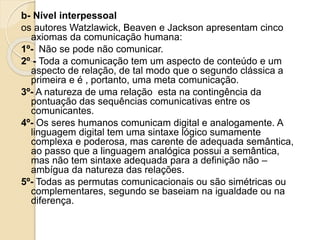 b- Nível interpessoal 
os autores Watzlawick, Beaven e Jackson apresentam cinco 
axiomas da comunicação humana: 
1º- Não se pode não comunicar. 
2º - Toda a comunicação tem um aspecto de conteúdo e um 
aspecto de relação, de tal modo que o segundo clássica a 
primeira e é , portanto, uma meta comunicação. 
3º- A natureza de uma relação esta na contingência da 
pontuação das sequências comunicativas entre os 
comunicantes. 
4º- Os seres humanos comunicam digital e analogamente. A 
linguagem digital tem uma sintaxe lógico sumamente 
complexa e poderosa, mas carente de adequada semântica, 
ao passo que a linguagem analógica possui a semântica, 
mas não tem sintaxe adequada para a definição não – 
ambígua da natureza das relações. 
5º- Todas as permutas comunicacionais ou são simétricas ou 
complementares, segundo se baseiam na igualdade ou na 
diferença. 
 
