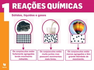 Sólidos, líquidos e gases
Os corpúsculos estão
fortemente agregados
tendo movimento
reduzido.
Os corpúsculos estão
muito juntos mas
possuem movimentos
mais livres.
Os corpúsculos estão
menos agregados e têm
grande liberdade de
movimento.
 