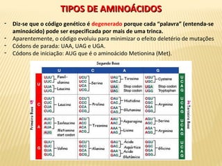 TIPOS DE AMINOÁCIDOSTIPOS DE AMINOÁCIDOS
- Diz-se que o código genético é degenerado porque cada “palavra” (entenda-se
aminoácido) pode ser especificada por mais de uma trinca.
- Aparentemente, o código evoluiu para minimizar o efeito deletério de mutações
- Códons de parada: UAA, UAG e UGA.
- Códons de iniciação: AUG que é o aminoácido Metionina (Met).
 