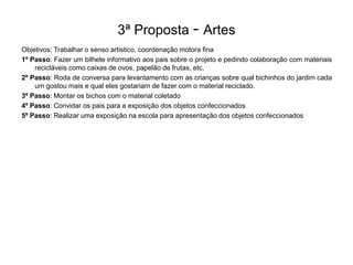 3ª Proposta - Artes
Objetivos: Trabalhar o senso artistico, coordenação motora fina
1º Passo: Fazer um bilhete informativo aos pais sobre o projeto e pedindo colaboração com materiais
recicláveis como caixas de ovos, papelão de frutas, etc.
2º Passo: Roda de conversa para levantamento com as crianças sobre qual bichinhos do jardim cada
um gostou mais e qual eles gostariam de fazer com o material reciclado.
3º Passo: Montar os bichos com o material coletado
4º Passo: Convidar os pais para a exposição dos objetos confeccionados
5º Passo: Realizar uma exposição na escola para apresentação dos objetos confeccionados

 