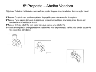 5ª Proposta – Abelha Voadora
Objetivos: Trabalhar habilidades motoras finas, noção de para cima para baixo; discriminação visual
1º Passo: Construir com os alunos pétalas de papelão para colar em volta do copinho
2º Passo: Furar a parte de baixo do copinho e encaixar um palito de churrasco, onde deverá ser
encaixada uma bolinha de isopor
3º Passo: Enfeitar a bolinha com papel para que pareça uma abelhinha
4º Passo: Pedir para as crianças fazerem a abelhinha voar empurrando a vareta para cima e pousar na
flor puxando-a para baixo

 