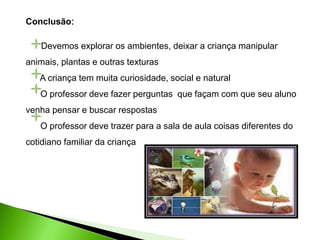 Conclusão:
Devemos explorar os ambientes, deixar a criança manipular
animais, plantas e outras texturas
A criança tem muita curiosidade, social e natural
O professor deve fazer perguntas que façam com que seu aluno
venha pensar e buscar respostas
O professor deve trazer para a sala de aula coisas diferentes do
cotidiano familiar da criança
 
