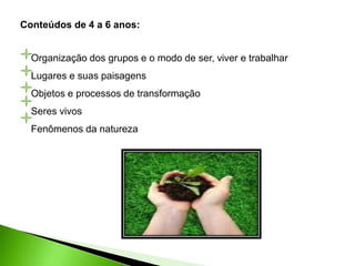Conteúdos de 4 a 6 anos:
Organização dos grupos e o modo de ser, viver e trabalhar
Lugares e suas paisagens
Objetos e processos de transformação
Seres vivos
Fenômenos da natureza
 
