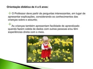 O Professor deve partir de perguntas interessantes, em lugar de
apresentar explicações, considerando os conhecimentos das
crianças sobre o assunto;
As crianças também apresentam facilidade de aprendizado
quando fazem coleta de dados com outras pessoas e/ou têm
experiências direta com o meio.
Orientação didática de 4 a 6 anos:
 