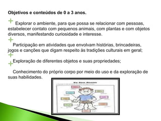 Objetivos e conteúdos de 0 a 3 anos.
Explorar o ambiente, para que possa se relacionar com pessoas,
estabelecer contato com pequenos animais, com plantas e com objetos
diversos, manifestando curiosidade e interesse.
Participação em atividades que envolvam histórias, brincadeiras,
jogos e canções que digam respeito às tradições culturais em geral;
Exploração de diferentes objetos e suas propriedades;
Conhecimento do próprio corpo por meio do uso e da exploração de
suas habilidades.
 
