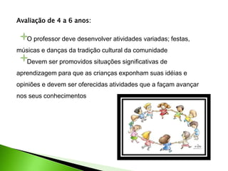 Avaliação de 4 a 6 anos:
O professor deve desenvolver atividades variadas; festas,
músicas e danças da tradição cultural da comunidade
Devem ser promovidos situações significativas de
aprendizagem para que as crianças exponham suas idéias e
opiniões e devem ser oferecidas atividades que a façam avançar
nos seus conhecimentos
 