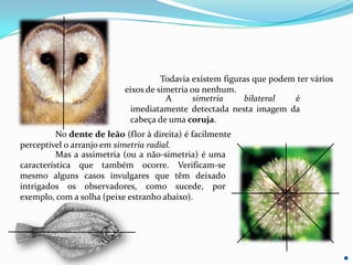 Todavia existem figuras que podem ter vários
                           eixos de simetria ou nenhum.
                                      A       simetria    bilateral   é
                             imediatamente detectada nesta imagem da
                             cabeça de uma coruja.
          No dente de leão (flor à direita) é facilmente
perceptível o arranjo em simetria radial.
          Mas a assimetria (ou a não-simetria) é uma
característica que também ocorre. Verificam-se
mesmo alguns casos invulgares que têm deixado
intrigados os observadores, como sucede, por
exemplo, com a solha (peixe estranho abaixo).
 