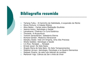 Bibliografia resumida
Bibliografia resumida
Bibliografia resumida
Bibliografia resumida
 Tartang Tulku : O Caminho da Habilidade, A expansão da Mente
 Dione Fortune: A Cabala Mística
 Alice Bailey : Cartas sobre Meditação Ocultista
 Jeanne Avery: Astrologia e Saúde
 Lansdowne: Chakras e a Cura Esotérica
 Timowsk: A Acupuntura
Torkom Saraydarian: Sabedoria Eterna
 Torkom Saraydarian: Sabedoria Eterna
 Richard Gerber: Medicina Vibracional
 Daisaku Ikeda: Vida Um Enigma, Uma Jóia Preciosa
 Sheila Geddes: Astrologia e Saúde
 I.C.Pina: Pendjab ... Pendjab
 Ernest wood: Os Sete Raios
 Ângela Maria de Sala Bata: Os Sete Temperamentos
 Stephen Arroyo: Astrologia, Psicologia e os Quatro Elementos
 Deepak Chopra: As sete Leis básicas do sucesso
 Maharish Yogi: Ciência do Ser e Arte de Viver
 