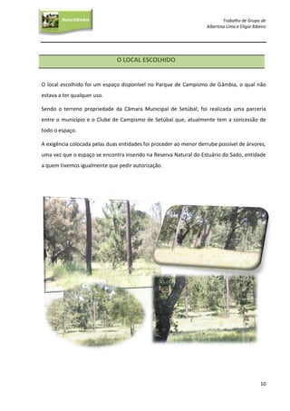 Trabalho de Grupo de
Albertina Lima e Elígia Ribeiro
10
NaturGâmbia
O contacto com a natureza…O contacto com a natureza…
O LOCAL ESCOLHIDO
O local escolhido foi um espaço disponível no Parque de Campismo de Gâmbia, o qual não
estava a ter qualquer uso.
Sendo o terreno propriedade da Câmara Municipal de Setúbal, foi realizada uma parceria
entre o município e o Clube de Campismo de Setúbal que, atualmente tem a concessão de
todo o espaço.
A exigência colocada pelas duas entidades foi proceder ao menor derrube possível de árvores,
uma vez que o espaço se encontra inserido na Reserva Natural do Estuário do Sado, entidade
a quem tivemos igualmente que pedir autorização.
 