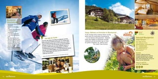 Mountainclub
     Inklusivleistungen
     •	Reichhaltiges Frühstücksbuffet
       mit Bioecke
     •	Täglich: 15-17 Uhr Happy
       Hour
     •	3-gängiges Abend Wahlmenü
     •	1 x Themenbuffet oder
                                                                                                                                                                                   Familie  Natur
       Fondueabend                                                                                                      Design, Wellness und Animation im Mountainclub ...         Natur-Aktiv
                                                                                                                                                                                   Natur-Genuss
                                                                                                                                                                                                                           Das Öste
                                                                                                                                                                                                                           für Druck
     •	3 x die Woche Salatbuffet                                                                                                                                                                                           Ferdinan
     •	1 x die Woche Nachspeisen-                                                                                       Zu den Vorzügen dieses modernen Hauses am Berg             Hunde willkommen


       buffet                                                                                                           gehört neben der komfortablen Ausstattung der
     •	Bier, Hauswein, Limo und
                                                 Das sagt der Kun
                                                                             de…
                                                                                                            n
                                                                                                                        – von den Hoteliers selbst gestalteten – Räumlich-   Naturidyll Mountainclub
                                                                                       Alltag hat uns scho
                                                                                                                                                                                                      Unbenannt-1 1

       Säfte beim Abendessen gratis
                                                                  tl, liebe Erika, der                         n
                                                                                                                        keiten, dem Angebot von Restaurant und Well-         Hotel Ronach ✶ ✶ ✶ ✶
     •	Freie Benützung des Wellness-     Gr üß Gott, liebe Chris               r Freunden  von unserem tolle            nessbereich auch die besondere Lage an einem
                                                        gerne berichten wi                             so hatten                                                             Fam. Vötter-Kirchner
                                         wieder, doch                              schon in sich und
       bereiches, Hallenbad, Sauna,                                                                                     der größten Schigebiete, der „Zillertal Arena“.
                                                             Die Suite hatte es                             chten.                                                           Tirol / Salzburg, A-5742
                                         Urlaub bei Euch!                                mal drinnen brau
       Dampfsauna, Solarium, Infra-
                                                                   wenn sie den denn
                                                                                                                                        Ihre Familie Vötter-Kirchner         Wald/Königsleiten, Hinterwaldberg 35
                                              Kinder viel Platz,                               ert, sowohl von
       rotsauna und gegen Gebühr
                                          die                                        r begeist
       Feng-Shui-Bad                                           n auch noch imme                  mit Werner –
                                                                                                                                                                             Tel.: +43(0)6564/8388
                                          Die Kinder erzähle                 dem Fußballspielen                                                                              Fax: +43(0)6564/8388-4
                                                        touren als auch
     •	Gratis Schibus in die Zillertal                                                                             en
                                           den Wander                                        n Red Bull die Daum
       Arena                                                              rigens, wir drücke                                                                                 ronach@naturidyll.com
                                           auch hi  er viele Grüße! Üb                 s auf ein Wi edersehen –                                                              www.ronach.at
                                                                ison! Wir freuen un
                                            für die nächste Sa
                                                               hland!                                                                                                        Anreise
                                            Grüße aus Deutsc
                                                                                            chland, Juli 2011)                                                               Achenpass, Zillertal nach Gerlos-
                                                                              nzen aus Deuts
                                                             nuel und Dirk Fra                                                                                               Gerlospass-Königsleiten bzw. Kufstein-
                                            (Quelle: Mail, Ma
                                                                                                                                                                             Kitzbühel-Mittersill-Wald im Pinzgau
                                                                                                                                                                             Bahn: Bahnverbindung über Zell am See-
                                                                                                                                                                             Krimml von dort Hoteltransfer

                                                                                                                                                                             Preis p.P.: ab € 51,-
                                                                                                                                                                             im DZ inkl. Halbpension

                                                                                                                                                                             140   € 5,–




22                                                                                                                                                                                                                    23
 