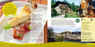 Unsere de
                         chmie
              Hammers Heumilch!
                        ie
            hat sie – d        Grund t ohne
                          wird nich             net.
             Heumilch             ilch bezeich
                            ste M                          chste
               als die rein                    ursprüngli
                                    ch ist die
                 lung v  on Heumil Im Sommer treiben
     Die Herstel               ellung.
                   Milchherst auf die Weiden oder
                                                            die     Soufflierte Heumilch-Topfentarte
        Form der                                                .
                     ern die Kühe frische auf die Almen             Tarte mit 28 cm Durchmesser, Zeitaufwand: 40
        unsere Bau zur Sommer                         sitiv auf     Minuten sowie ca. 40 Minuten im Backrohr
                   men                         em po
        Kühe kom                  kt sich zud d Weiden
                       tschaft wir              un
          Die Heuwir s. Denn das Mähen                              Zutaten
                                                   alt.
           d ie Natur au ie große Artenvielf
                    fördert d                                       Tortenboden: 150 g glattes Mehl, 100 g
                                                                    Heumilch-Butter, 50 g Staubzucker, 1 Dotter,
                                                                    Vanille, 3 EL Preiselbeeren zum Bestreichen,
                                                                    Linsen oder Erbsen zum Blindbacken
                                                                    Soufflé: 225 g Heumilch-Topfen, 4 Dotter,
                                                                    1 Packung Vanillezucker, Saft und geriebene
                                                                    Schale von 1 unbehandelten Zitrone, 4 Eiklar,     Schmieden Sie idyllische Urlaubspläne ...                                               Familie  Natur
                                                                                                                                                                                                              Natur-Aktiv
                                                                                                                                                                                                                                                        Das Öste
                                                                                                                                                                                                                                                        für Druck
                                                                                                                                                                                                              Natur-Genuss
                                                                    80 g Feinkristallzucker, 30 g Maisstärke          Einzigartige Alleinlage – nur 9 km von Salzburg, herrliche Waldluft,                    Hunde willkommen
                                                                                                                                                                                                                                                        Ferdinan

                                                                                                                      himmlische Ruhe, ein kleines Paradies. Wo einst die Schmiedehämmer hallten,
                                                                    Zubereitung
                                                                    Tortenboden: Mürbteig kneten, mit Klar-           befindet sich jetzt das Hotel Hammerschmiede inmitten einer romantischen          Naturidyll Hotel im Wald
                                                                                                                      Waldkulisse. Kneipp- und Bademöglichkeit am vorbeifließenden Wildbach,
                                                                                                                                                                                                                                   Unbenannt-1 1

                                                                    sichtfolie abdecken und im Kühlschrank 1
                                                                    Stunde rasten lassen. Eine Tarteform (28 cm       zahlreiche Wanderungen direkt vom Hotel. Auch ein beliebter Ort für Tagungen      Hammerschmiede ✶ ✶ ✶ ✶
                                                                    Durchmesser) mit dem Mürbteig auslegen und        und Seminare. Günstige Transfer-Verbindungen in die Mozartstadt Salzburg.         Ernestine Stadler
                   rtipp:                                                                                                                                                                               Salzburg, A-5102 Anthering
            Wande nsberg
                                                                    mit einer Gabel mehrmals einstechen, damit
                                                                    keine Blasen entstehen. Mit Backpapier belegen,                                                             Ihre Familie Stadler   bei Salzburg, Acharting 22
                    u
            Der Ha aweg                                             dieses mit Erbsen oder Linsen beschweren und                                                                                        Tel.: +43(0)6223/2503
             Pano ram                                               im vorgeheizten Backrohr bei 190 °C ca. 5                                                                                           Fax: +43(0)6223/2503-77
                                                                    Minuten backen. Backpapier und Linsen bzw.                                                                                          hammerschmiede@naturidyll.com
                                                                    Erbsen entfernen, Teig auskühlen lassen und                                                                                         www.hammerschmiede.at
        Erlebniswanderung für Jung und Alt
                                                                    mit Preiselbeerenmarmelade bestreichen.
        Der Haunsberg, der „Berg der
        schönen Blicke“, lädt zu einer                              Soufflé: Topfen mit Dotter, Vanillezucker,                                                                                          Anreise
        gemütlichen Panoramawanderung                               Zitronensaft, Zitronenschale und einer Prise                                                                                        Autobahnausfahrt Salzburg-Nord,
        ein. Auf dem leicht begehbaren,                             Salz glatt rühren. Eiklar halbsteif aufschlagen                                                                                     B 156 Bergheim, Anthering-Acharting
        sanft verlaufenden Rundweg öffnen                           und Kristallzucker einrieseln lassen. Eischnee                                                                                      Bahn: Hauptbahnhof Salzburg,
        sich Blickfenster auf das Salzburger                        und Maisstärke vorsichtig unter die Topfenmas-                                                                                      Lokalbahn Acharting, Gratisshuttle
        Seenland. Zudem erfahren Sie auch                           se heben. Soufflé glatt auf den Mürbteigboden
                                                                                                                      Die Stadt Salzburg ist von Anthering aus
        viel Wissenswertes, z. B. über die                          streichen und im vorgeheizten Backrohr bei
                                                                                                                      in wenigen Fahrminuten erreichbar.                                                Preis p.P.: ab € 60,- im DZ
        Geologie, das Gestein, die Land-                            180° C ca. 35 Minuten backen.                                                                                                       inkl. Salzburger Bio-Frühstück
        schaft, den Wald, die Wildtiere wie
        auch über die Menschen und deren                            Tipp vom Haubenkoch Joachim Gradwohl:                                                                                                                        Tipp: Hunde sind in
                                                                    Servieren Sie die Topfentarte warm und garniert                                                                                                              der Hammerschmiede
        vielfältige Geschichte.                                                                                                                                                                          40   40    € 0,–        kostenlos!
        Dauer: ca. 3 Stunden                                        mit frischen Früchten der Saison wie Beeren
                                                                    oder Zwetschken.




30                                                                                                                                                                                                                                                 31
 