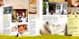 Ein Haus mit                                                                            Hier wird gechilled                                                                                                                    Familie  Natur
                                                                                             was das Zeug hält!                  Faulenzen in der Natur des Waldviertels ...                                                        Natur-Aktiv
                                                                                                                                                                                                                                                                            Das Öste
                                                                                                                                                                                                                                                                            für Druck
     Geschichte – von der                                                                                                        Hier können Sie die Weite des Himmels sowie die raue Schön-     faulenzerhotel
                                                                                                                                                                                                                      ****          Natur-Genuss
                                                                                                                                                                                                                                    Hunde willkommen
                                                                                                                                                                                                                                                                            Ferdinan
                                                                                             Zeit für einen Rückblick auf das
     Pferdestation zum                                                                       Jahr 2011! Hier sind ein paar       heit der kraftvollen Natur entdecken. Genießen Sie familiäre
                                                                                                                                                                                                 WIR RUHEN SIE AUS!




     Faulenzerhotel ...                                                                      Zahlen für euch, Cheffaulenzer      Gemütlichkeit, eine g´schmackige Küche, heimelige Stuben,                                   Naturidyll Faulenzerhotel Unbenannt-1 1


     Seit mehr als 100 Jahren befindet
                                                                                             Karl Schweighofer jun.
                                                                                             berichtet:
                                                                                                                                 einen Weinkeller vom Feinsten und eine Badelandschaft zum                                   Schweighofer ✶ ✶ ✶ ✶
     sich das Haus im Besitz der                                                                                                 Ausspannen wie auch Wohlfühlen.                                                             Karl Schweighofer jun.
     Familie Schweighofer und wird                                                           • 42.000 kg – soviel haben die
                                                                                                                                                                   Ihre Familie Schweighofer                               Niederösterreich, A-3533 Friedersbach,
     nun schon von der 4. Generation                                                           Sänftenträger des Faulenzer-
                                                                                                                                                                                                                             Friedersbach 53
     geführt. Als einstige Pferdestation                                                       hotels insgesamt geschleppt.
                                           Unsere Original-Faulenzerhotel-Sänfte ...                                                                                                                                         Tel.: +43(0)2822/77511-0
     mit angeschlossenem Postamt                                                               Hut ab, ganz schöne Leistung!
                                           für all jene, die so richtig faulenzen möchten!                                                                                                                                   Fax: +43(0)2822/77511-54
     war unser Haus schon immer ein
                                                                                             • 2.000 Gäste – soviele haben
                                                                                                                                                                                                                            faulenzerhotel@naturidyll.com
     zentraler Punkt in Friedersbach.
     Am 26. Mai 2010 war es dann
                                                                                               sich seit der Eröffnung letzten                                                                                               www.faulenzerhotel.at
                                                                                               Jahres im Mai 2010 das
     soweit: das erste österreichische
     Faulenzerhotel wurde durch
                                                                                               Frühstück ans Bett bringen                                                                                                    Anreise
                                                                                               lassen. Das Faulenzerhotel                                                                                                    A22 bis Krems und B 37/38 in Richtung
     Landeshauptmann Dr. Erwin Pröll
                                                                                               macht sich alle Ehre, denn bis                                                                                                Zwettl bzw. A7 Groß Gerungs nach Zwettl,
     feierlich eröffnet.
                                                                                               15 Uhr gibts das Langschlä-                                                                                                   Stauseebrücke Ottenstein nach Friedersbach
                                                                                               ferfrühstück.                                                                                                                 Bahn: Zwettl (Abholung vom Bahnhof
     Viel ließe sich über das erste Jahr
                                                                                                                                                                                                                             möglich)
     ‚Faulenzerhotel Schweighofer‘                                                           • 300 mal – so oft haben sich
                                                                                               
                                                                                               die Gäste des Faulenzerhotels
     berichten. Aber was ist besser als                                                                                                                                                                                      Preis p.P.: ab € 68,- im DZ
     tausend Worte – einfach selber                                                            den Auspackservice gegönnt.
     probieren und sich verwöhnen                                                              Das Einpacken, wiederrum
                                                                                                                                                                                                                             inkl. Frühstück und Nachmittagsjause
     lassen.                                                                                   wurde 5 x so oft in Anspruch
     Auf bald - ‚Wir ruhen Sie aus!‘                                                           genommen. 1.500 x wurde
                                                                                                                                                                                                                              90   10-60 € 10,–
                                                                                               vor der Abreise der Koffer für
                                                                                               die Gäste gepackt.




38                                                                                                                                                                                                                                                                     39
 