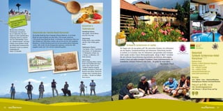 ertipp:
     Wandienwanderung
        r
      Histo en Spuren
      „Auf d mer“
       der Rö                                                                                                     Kürschner‘s
     Mit dem Bus in Richtung
                                                                                                                  Topfenstrudel
     Plöckenpass. Dort geht es                                                                                    Strudelteig Zutaten:
     bis zur Collina Alm. Von dort
                                        Geschichte der Familie Klauß-Kürschner                                    300 g Mehl, 170 ml Wasser,
     folgen wir einem spektakulären     Die Familie Klauß hat ihren Ursprung in Bozen (Südtirol), wo der Name     40 ml Öl, Prise Salz
     Kriegsweg hinauf zu unserem        Klauß auf einem Grabstein aus dem Jahre 1358 erstmals aufscheint.
                                                                                                                  Zubereitung:
     Ziel: Der Collinettahöhe. Durch    1776 erwarb Franz Klauß den Besitz in Kötschach. Das Kürschner-Haus war
                                                                                                                  Kräftig rühren, dann schleifen
     ein „Gipfelschnapserl“ und einer   laut Urkunde um 1640 erbaut worden, und auf das dort bis 1870 ausgeübte
                                                                                                                  und die 3 Teile 30 Min. gehen
     kräftige Jause gestärkt, erfolgt   Kürschner (= Gerber) Handwerk geht der bis heute gebräuchliche Hausname
                                                                                                                  lassen.
     der Abstieg über wunderschöne      zurück. 1803 wurde mit dem Braugewerbe begonnen, welches bis 1905                                                      Schlank  Schlemmen im Gailtal ...                                           Familie  Natur
                                                                                                                                                                                                                                            Natur-Aktiv
                                                                                                                                                                                                                                                                                      Das Öste
                                                                                                                                                                                                                                                                                      für Druck
     Almwiesen zurück zu unserem        ausgeübt wurde. Seit 1776 wird der Gastbetrieb geführt.                   Topfenmasse Zutaten:                                                                                                      Natur-Genuss

                                                                                                                  1 kg Topfen, 5 Eier, ¼ kg Butter,   Sie fragen sich wie das gehen soll? Die wertvollen Zutaten von Lieferanten            Hunde willkommen
                                                                                                                                                                                                                                                                                      Ferdinan
     Ausgangspunkt.
     Dauer: 3,5 Stunden                                                                                           30 g Zucker, 2 P. Vanillezucker,    aus der Region, Zusammenstellung und behutsame Zubereitung machen
                                                                                                                  1 P. Backpulver, Schale von         es einfach, so zu kochen, dass Sie schlemmen und genießen und trotzdem          Naturidyll                Unbenannt-1 1
                                                                                                                                                      nicht runder werden. Unsere Küchenphilosophie „Berge  Meer“ verwöhnt
                                                                                                                  1 Zitrone, 5 g Maizena, 2 El.
                                                                                                                  Grieß, Rosinen                      Sie mit teilweise biozertifizierten Spezialitäten aus Kärnten, dem angren-
                                                                                                                                                                                                                                      Schlank-Schlemmer-Hotel
                                                                                                                  Zubereitung:                        zenden Friaul und selbst erzeugten Produkten. Unser Schlemmermenü, die          Kürschner ✶ ✶ ✶ ✶
                                                                                                                  Butter schaumig rühren, Zucker,     Naturküche, Schlank-Vitalmenü oder Fisch – für jeden ist etwas dabei.           Barbara Klauß
                                                                                                                  Dotter und Vanillezucker dazu                                                                 Ihre Familie Klauß   Kärnten, A-9640 Kötschach-Mauthen,
                                                                                                                  geben, dann Topfen mit gut                                                                                          Schlanke Gasse 74
                                                                                                                  verrührter Maizena langsam                                                                                          Tel.: +43(0)4715/2590
                                                                                                                  beifügen. Backpulver, Grieß und                                                                                     Fax: +43(0)4715/349
                                                                                                                  Rosinen dazu geben. Eiweiß fest                                                                                     kuerschner@naturidyll.com
                                                                                                                  schlagen dann vorsichtig darun-                                                                                     www.hotel-kuerschner.at
                                                                                                                  ter heben. 1 Stunde bei mäßiger
                                                                                                                  Hitze backen.                                                                                                       Anreise
                                                                                                                                                                                                                                      A10 – Spittal – Lienz – Kötschach/Mauthen;
                                                                                                                                                                                                                                      Nächstgelegener Bahnhof: Kötschach/Mauthen

                                                                                                                                                                                                                                      Preis p.P.: ab € 60,- im DZ
                                                                                                                                                                                                                                      inkl. Verwöhntagespension
                                                                                                                                                                                                                                      exkl. Ortstaxe € 1,80 pro Person und Tag


                                                                                                                                                                                                                                       60   € 7,–




46                                                                                                                                                                                                                                                                               47
 