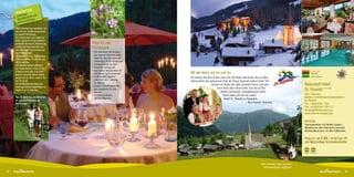 rtipp:
     Wande s-
        ng
                                                            Enzianpracht
      Liebli rroute von                                      im Sommer
      Wande cheriau
       Anna S
     Diese Wanderung empfehlen wir
     nach kurzer Gewöhnungsphase
     an unsere Höhenlage.
     Sie marschieren vom Hotel zur
     Bahn, Auffahrt mit der National-
     parkbahn Brunnach, Wanderung          Tipps für den
     entlang der Brunnachhöhe bis          Urlaubsgast
     zum Arkerkopf und Anstieg auf
     den Predigerstuhl.                    •	Wir sind durch die einzigar-
     Es erwartet Sie ein Hochplateau         tige Lage mit Panoramablick
     mit traumhaftem Panorama auf            inmitten eines Dorfidylls der
     die Nockberge.                          Geheimtipp für Ihre Ferientage
     Der Abstieg erfolgt unterhalb         •	Almrauschblüte im Juni
     der Zunderwand, vorbei an der         •	Heumahd Anfang Juli
     Erlacher Bockhütte und unter-         •	angenehme Temperaturen für
     halb der Brunnachhöhe wieder            Aktivitäten im Hochsommer        Mit der Natur auf Du und Du ...                                                                 Familie  Natur
                                                                                                                                                                              Natur-Aktiv
                                                                                                                                                                              Natur-Genuss
                                                                                                                                                                                                                      Das Öste
                                                                                                                                                                                                                      für Druck

     zurück bis zur Bahn, welche Sie       •	Traditionelles Jagdfest:         Sie suchen für Ihre Ferien einen Ort der Ruhe und Kraft, der zu allen                           Hunde willkommen
                                                                                                                                                                                                                      Ferdinan

                                             jedes Jahr am 1. Samstag
     ins Tal bringt.                                                          Jahreszeiten den gelassenen Puls der Natur hautnah spüren lässt? Sie
                                             im Oktober
     Auf der Wanderroute bieten sich
     zwei urige Einkehrmöglichkeiten an.   •	geführte Wanderungen mit                           suchen ein Haus, das allen Komfort bietet und den-                      Naturidyll Hotel         Unbenannt-1 1

                                                                                                      noch hoch über allem steht, was Sie an der
     Dauer: ca. 4 ½ Stunden                  dem Hausherrn für jedes
                                             Können                                                      Hektik turbulenter Urlaubszentren stört?
                                                                                                                                                                        St. Oswald ✶ ✶ ✶ ✶S
                                           •	Für Mountainbiker:                                            Dann laden wir Sie ein, unser                                Fam. Scheriau
     Nordic Walking und Wandern              550 km Wegenetz                                                                                                            Kärnten, A-9546 Bad Kleinkirchheim /
                                                                                                            Hotel St. Oswald zu besuchen.
     im grünen Paradies der                                                                                                                                             St. Oswald
     Nockberge                                                                                                                  Ihre Familie Scheriau                  Tel.: +43(0)4240 / 591
                                                                                                                                                                        Fax: +43(0)4240 / 591-72
                                                                                                                                                                        st-oswald@naturidyll.com
                                                                                                                                                                        www.hotel-st-oswald.com

                                                                                                                                                                        Anreise
                                                                                                                                                                        Tauernautobahn A10 Abfahrt Spittal /
                                                                                                                                                                        Millstättersee über Radenthein nach Bad
                                                                                                                                                                        Kleinkirchheim bzw. A2 über Feldkirchen


                                                                                                                                                                        Preis p.P.: ab € 89,- im DZ inkl. HP
                                                                                                                                                                        und Nachmittags Schmankerlbuffet


                                                                                                                                                                        100 € 15–25,–




                                                                                                                                            Dem Birkhahn kann man bei
                                                                                                                                              Sonnenaufgang begegnen
48                                                                                                                                                                                                               49
 