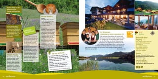 Regitnig-Honig aus der
     Bienenzucht von
     Thomas und Peter Eder


                                                                         Kärntner Reindling
                                                                         Zutaten:
                                                                         500 g Mehl griffig, 1 Kl. Salz,
                                                                         Vanille, Zitronenaroma, Rum,
                                                                         1 Pkg. Trockengerm,
                                                                         60 g Zucker, 120 g Butter,
                                                                         1/4 l Milch, 4 Dotter.
     Im April starten sie die
     ersten Erkundungsflüge -                                            Zubereitung:
     die Bienen von Thomas und
                                              gs-                        Aus Butter, Zucker, Dotter einen
     Peter in den Leit’nwiesen. Im
                                       Lieblin rroute:                   schaumigen Abtrieb rühren,
     Juli gibt es dann die Ernte
                                       wande                             dann mit den restlichen Zutaten                                                                              Der Weissensee –                                            Familie  Natur
                                                                                                                                                                                                                                                                                            Das Öste
                                                                                                                                                                                                                                                  Natur-Aktiv
     für die Regitnig-Gäste – den                                        gut abschlagen, den Germteig                                                                                                                                             Natur-Genuss
                                                                                                                                                                                                                                                                                            für Druck

     herrlich dunklen, wunder-                                           nach dem 1. Gehen noch einmal                                                                                Urlaubstage an einem besonderen Ort ...                     Hunde willkommen
                                                                                                                                                                                                                                                                                            Ferdinan


     baren Honig.                      Einmal pro Woche wandern Sie
                                                                         zusammenschlagen und ein                                                                                        Wir und unser Team heißen Sie herzlich will-
                                       mit dem Chef auf den Gipfel des
                                                                         zweites Mal gehen lassen, dann                                                                                 kommen. Sie wohnen seenah, zentral und ruhig        Naturidyll Hotel          Unbenannt-1 1
                                                                         ausrollen und mit flüssiger
                                       Golz. Wir starten gemütlich mit
                                                                         Butter, braunem Zucker, Rosi-
                                                                                                                                                                                        in sonniger Lage mit herrlichem Blick auf den       Regitnig ✶ ✶ ✶ ✶
                                       der Seilbahn hinauf zur Naggler
                                                                         nen und Zimt füllen evtl. auch
                                                                                                                                                                                       See. Die Vital-Oase mit 800 m² Wellness bietet       Fam. Irmgard  Hans-Peter Eder
                                       Alm. Nun wandert man über                                                                                                                     Entspannung pur. Kulinarisch verwöhnen wir Sie
                                       den Bergrücken hinüber bis zur
                                                                         Walnüsse, mit flüssiger Butter                                                                                                                                     Kärnten, A-9762 Weissensee,
                                                                         bestreichen und ins kalte Rohr                                                                            mit Produkten aus der Region: Brot  Gebäck aus der      Techendorf 33
                                       Kohlröslhütte.
                                       Der höchste Punkt der Runde,
                                                                         geben. Bei 170° ca. 40 Min.                                                                          Dorfbäckerei, Milchprodukte von Weissenseer Biobauern         Tel.: +43(0)4713/2225
                                       der Gipfel des Golz (2004 m):
                                                                         backen.                                                                          und Fleisch von Bauern aus der Region, sowie Honig aus eigener Imkerei.           Fax: +43(0)4713/2225-4
                                       Hier genießt man die Aussicht                                                                                      Wir freuen uns auf Sie!                                      Ihre Familie Eder   regitnig@naturidyll.com
                                       über die Karnischen Alpen, das                                                                                                                                                                       www.hotel-regitnig.at
                                       Gailtal, sowie den Weissensee.
                                                                                                                                  de…
                                       Talauswärts gelangt man zur                                 Das sagt der Kun                                                                                                                         Anreise
     Tierische Freuden                                                                                                           au und
                                                                                                              ren wir, meine Fr
                                       Bodenalm, wo eine typische                                                                                                                                                                           Hermagor-Weißbriach-Weißensee oder
                                       Kärntner Alm-Jause auf die                          Seit 20 Jahren fah                    Regitnig.
                                                                                                              Jahr in das Hotel
     Die Hasen Lisi, Franzl und                                                                                                                                                                                                             über Spittal/Drau-Greifenburg-Weißensee.
                                       Wanderer wartet. Gestärkt geht                      ich, bis zu 4x pro                 ufe der Jahre                                                                                                 Bahnhof Greifenburg
     Susi mit dem süßen, kleinen                                                                               ion und im La
                                       es wieder zurück ins Hotel.                          Anfangs noch Pens                Hotel
                                                                                                         n Aufstieg zum 4*
     Nachwuchs oder die zwei
     Laufenten, die mit Freude im
                                       Dauer: ca. 3 Stunden
                                                                                            haben wir de                                                                                                                                    Preis p.P.: ab € 64,-
                                                                                            miterlebt.                                                                                                                                      im DZ inkl. ¾ Pension
     Ententeich baden, die Bienen                                                                                                  der
                                                                                                                 aber immer, dass
                                                                                             Wichtig für uns ist
     die den leckeren Frühstücksho-                                                                                                                                                                                                         exkl. Ortstaxe € 1,88 pro Person und Tag
                                                                                                                 t mit der Familie Eder
     nig produzieren - „Regitnig’s
                                                                                             persönliche Kontak                n ist….
     Tierfarm“ ist vor allem für die
                                                                                             sowie dem Pe  rsonal stets gegebe
     kleinen Gäste der Hit bei jedem                                                                                                                10)
                                                                                                                                 Österreich, Juli 20                                                                                         60   € 7,–
     Urlaub am Weissensee.                                                                                    check.at, Herbert,
                                                                                              (Quelle: holiday




50                                                                                                                                                                                                                                                                                     51
 