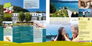 Der perfekte Urlaubstag am See:
                                                     •	 eine weitläufige wunderschöne Liegewiese,
             k in
      Seeblic immer
                                                        mit flachem Seeufer
                                                     •	 bequeme Strandliegen sowie Sonnenschirme
             Z
      jedem e                                        •	 ein Kanu, für eine Paddeltour am See
               v
       inklusi
                                                     •	 Badetücher und Bademäntel in der praktischen
                                                        Badetasche (im Zimmer)




     Es erwarten Sie 50 neue Zimmer
      Suiten, alle mit Balkon und
     traumhaften Blick über den
     Wörthersee.


                                                                                                                        „Der Wörthersee versprüht einen besonderen Charme und                             Familie  Natur
                                                                                                                                                                                                          Natur-Aktiv
                                                                                                                                                                                                                                                  Das Öste
                                                                                                                                                                                                                                                  für Druck
                                                                                                                                                                                                          Natur-Genuss
                                                                                                                        SEENsucht, der die Menschen im tiefsten Inneren berührt.“                         Hunde willkommen
                                                                                                                                                                                                                                                  Ferdinan


                                                                                                                        Das Werzer`s Seehotel Wallerwirt liegt an einem eindrucksvollen Platz
                                                                                                                        direkt am See, mit der malerischen Kulisse der Karawanken im                Naturidyll Werzer’s      Unbenannt-1 1

                                                                                                                        Hintergrund. Mit viel Liebe und Sorgfalt bewahren wir das Ursprüngliche     Seehotel Wallerwirt ✶ ✶ ✶ ✶
                                                                                                                        und Echte – die Natur und die persönliche Beziehung zu unseren Gästen.
                                                                                                                                                                   Ihre Direktorin Heidi Schaller   Kärnten, A-9212 Techelsberg am
                                                                                                                                                                                                    Wörthersee, Töschling 96
                                                                                                                                                                                                    Tel.: +43(0)4272/2316-0
                                                                                                                                                                                                    Fax: +43(0)4272/2316-76
                                                                                      Naturgenuss für                                                                                               wallerwirt@naturidyll.com
     Naturidyllisch genießen                                                          Körper, Geist und Seele:                                                                                      www.wallerwirt.werzers.at

     mit direktem Blick über                                                          Ab sofort werden Ihnen
                                                                                                                                                                                                    Anreise
                                                                                      Wellnessbehandlungen sowie
     den Wörthersee:                  Wallerwirt Highlights:                          exklusive Pflegeprodukte der                                                                                  A2 Südautobahn Abfahrt Pörtschach West
     Genießen sie heimische Spe-                                                      hochwertigen Naturkosmetiklinie                                                                               Nächstgelegene Bahnhöfe: Töschling und
     zialitäten und internationale    •  ostenloser Verleih von Fahrrädern und
                                        K                                             VINOBLE angeboten! Die inten-                                                                                 Pörtschach, ab diesen Bahnhöfen gratis
     Kreationen bei traumhaftem         Nordic Walking-Stöcken                        sive Wirkung erzielt Vinoble                                                                                  Shuttleservice
     Seeblick!                        •  auseigene Tennisplätze
                                        H                                             durch die wertvollen und natür-
                                                                                      lichen Bestandteile der Traube                                                                                Preis p.P.: ab € 74,-
                                      •  assersport  Motorbootfahrten
                                        W
                                                                                      und Holunderbeere sowie durch                                                                                 im DZ mit Seeblick inkl. Frühstück
                                      •  andern, Klettern, Biken rund um den See
                                        W                                             den Verzicht auf synthetische
                                      •  is zu -40% Greenfee-Ermäßigung auf
                                        B                                             Inhaltsstoffen.
                                        9 Golfplätzen im Alpe-Adria-Raum                                                                                                                            100   60    € 14,–




52                                                                                                                                                                                                                                           53
 