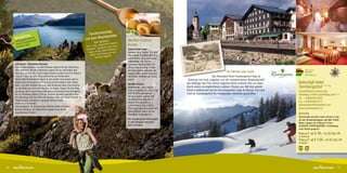 hlag
                                                                              Tourenvorsc
            rtipp:                                                                     untainbike
     Wanndewanderroute it-
         gs         m                                                       mit dem Mo      :                     Marillen-Chutney-
     Liebli Rezeptions                                                              Tour Spulle
                                                                                                 rsee
                                                                                                            al
              r                                                                                 traße Zugert
      unsere in Nina:                                                              Zug - Mauts                    Knödel
       a rbeiter                                                            Lech –
                                                                                         Spullersee und retour.
                                                                            (autofrei) –                erenz:    Topfenknödelmasse
                                                                                            , Höhendiff
                                                                              Länge: 30 km         h mit dem      Zutaten: 250 g Topfen, 1 Ei, 70 g
                                                                                              (auc
                                                                                400 m, leicht öglich).            Weizengrieß, 70 g Mehl glatt, 70 g
                                                                                      Fahrrad m                   weiche Butter, 30 g Staubzucker
                                                                                                                  Zubereitung: Alle Zutaten
     Gehrengrat – Steinböcke inklusive!                                                                           zusammen mit dem Mixer ver-
     Vom Wanderstartplatz vor dem Postamt nehmen Sie den Wanderbus                                                rühren, dann den Teig 12 Stun-
     zum Spullersee. Bei der Endstation steigen Sie aus und folgen dem                                            den rasten lassen, und dann mit                                                                                   Familie & Natur

     Güterweg um den See. Nach einigen Kurven zweigt rechts ein Wander-                                           Chutney füllen und in Salzwasser
                                                                                                                                                                                         Im Herzen von Lech                         Natur-Aktiv
                                                                                                                                                                                                                                    Natur-Genuss
                                                                                                                                                                                                                                                                            Das Öste
                                                                                                                                                                                                                                                                            für Druck
                                                                                                                                                                                                                                                                            Ferdinan
                                                                                                                                                                                                                                    Hunde willkommen
     weg ab. Folgen Sie dem Weg aufwärts bis zur Schutzhütte.                                                     mit Zucker, Weißwein gar ziehen                             Das Naturidyll Hotel Tannbergerhof liegt im
     Weiter über Bergweiden bergauf. In sehr steilen Serpentinen geht es                                          lassen!                                Zentrum von Lech, umgeben von der wunderschönen Berglandschaft
     hinauf zum Gehrengrat (2.439 m) und auf der anderen Seite wieder
                                                                                                                  Marillen-Chutney                     des Arlbergs. Das Vier-Sterne-Superior-Hotel zeichnet sich vor allem   Naturidyll Hotel         Unbenannt-1 1
     durch schroffes Gelände hinunter zum Steinernen Meer. Dort sind bis
     zu 200 Millionen Jahre alte Fossilien zu finden. Folgen Sie dem Weg                                          Zubereitung: 350 g Zucker            durch seinen unvergleichbaren alpinen Charme aus. Mit dem gemüt-       Tannbergerhof ✶ ✶ ✶ ✶S
     geradeaus ohne wesentlichen Höhenunterschied durch das Karstgebiet                                           leicht karamelisieren, dann 1 kg     lichen Landhausstil und der hervorragenden Lage im Herzen von Lech     Geschäftsführer Denny Noé
     bis zur Freiburger Hütte (1.918 m). Danach entweder gemütlich über                                           reife Marillen grob gewür-           wird im Tannbergerhof ein einzigartiges Ambiente geschaffen.           Vorarlberg, A-6764 Lech/Arlberg, Dorf 111
     den Güterweg oder für erfahrene Wanderer über den Steig oberhalb des                                         felt dazu geben und mit 100
                                                                                                                  ml Sherryessig ablöschen, 1                                                                                 Tel.: +43(0)5583/2202
     Ostufers leicht absteigend zurück zur Bushaltestelle.                                                                                                                                                                    Fax: +43(0)5583/3313
     Dauer: ca. 4-5 Stunden                                                                                       Zitrone fein geschnitten, 3
     Besonderheiten: In diesem Gebiet lebt die größte Steinbock-                                                  Lorbeerblätter, Salz, Pfeffer,                                                                              tannbergerhof@naturidyll.com
     Kolonie Europas, mit etwas Glück begegnen Sie diesen                                                         Thymianzweige dazu geben und                                                                                www.tannbergerhof.at
     majestätischen Tieren!                                                                                       leicht köcheln lassen, bis die
                                                                                                                  Flüssigkeit verdampft ist!                                                                                  Anreise
                                                                                                                                                                                                                              Flexenstraße und Zürs nach Lech bzw. Lech-
                                                                                                                  Der Tannbergerhof-Küchenchef                                                                                tal oder Hochtannbergpass und über Warth.
                                                                                                                  & seine Brigade wünschen                                                                                    Bahn: Langen am Arlberg (17 km)
                                                                                                                  gutes Gelingen!                                                                                             ACHTUNG-WINTERSPERRE: Verbindung
                                                                                                                                                                                                                              Lech-Warth gesperrt!
                                                                                                                                                                                                                              Preis p.P.: ab € 76,- im DZ inkl. HP
                                                                                                                                                                                                                              im Sommer
                                                                                                                                                                                                                              Preis p.P.: ab € 154,- im DZ inkl. HP
                                                                                                                                                                                                                              im Winter


                                                                                                                                                                                                                               64   € 15,–




16                                                                                                                                                                                                                                                                     17
 
