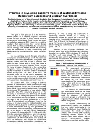 Progress in developing cognitive models of sustainability: case
         studies from European and Brazilian river basins
 Tim Nuttle (University of Jena, Germany), Ana Luiza Rios Caldas and Paulo Salles (University of Brasilia,
    Brazil), Elena Nakova, Emilia Varadinova, Yordan Uzunov (Central Laboratory of General Ecology,
 Bulgaria), Eugenia Cioaca (Danube Delta National Institute, Romania), Richard Noble (University of Hull,
England), Andreas Zitek (University of Natural Resources and Applied Life Sciences, Vienna, Austria), Bert
 Bredeweg, Anders Bouwer, Jochem Liem (University of Amsterdam, The Netherlands), Michael Neumann
                                 (Federal Environment Ministry, Germany)


                                                             University of Jena is using the Framework in
       The goal of work package 6 of the NaturNet-
                                                             developing cognitive models of a variety of
Redime project is to develop cognitive simulation
                                                             sustainability issues to support the Curriculum for
models that can be used to teach diverse kinds of
                                                             Learning about Sustainable Development Using QR
learners about sustainability. These models are based
                                                             (NNR Task 6.10) and the University of Amsterdam is
on qualitative reasoning (QR), which is a modeling
                                                             using the Framework in educational settings to teach
paradigm that approximates how human beings
                                                             QR modeling and sustainability to university students
actually think about cause and effect. By using such a
                                                             (NNR Task 7.2).
natural ontology, our models should be especially
useful for development of deep understanding that                    Members of the Bulgarian, Romanian, and
people can apply to the sustainability issues that affect    Brazilian teams have so far completed two milestones
them.                                                        towards their models (NNR milestones 6.1 and 6.2,
                                                             one from each case study). The first milestone
       An important step towards this goal is to gather
                                                             identifies the focal system, specifies the main goals for
and organize expert knowledge about the processes
                                                             each model, and describes the structural relationship
that affect sustainable use of Earth’s ecosystems. Our
                                                             between components of the system.
approach follows five case studies of different river
basins in both Europe and in Brazil. We chose a                           Table 1. Main modeling goals identified in
catchment-based approach because rivers integrate                         Milestone 6.1 for three case studies
the many processes happening in the surrounding
ecosystem. Hence, by assessing the quality of the               Romania:               To    understand     connections
aquatic environment in the river—and how that affects                           between water pollution in the Danube
human society—one can learn a lot about the                                     River catchment basin and health of
processes going on in the entire ecosystem. By                                  human populations in and around the
studying river catchments, we address a variety of                              DDBR, for education of decision
environmental pressures that affect us all, whilst also                         makers and stakeholders. These must
having a concrete focus that everyone can relate to.                            be based on the best current
                                                                                understanding of the phenomena which
       In October 2005, work package 6 partners                                 occur within and beyond the delta,
gathered in Amsterdam for hands-on training in using                            including the whole basin of the Danube
the newly developed Single-User QR Workbench (NNR                               and the Black Sea
deliverable 4.1) and were introduced to the Framework
for conceptual QR description of case studies (NNR              Bulgaria:             To develop an understandable
deliverable 6.1). This document, prepared by the                                and manageable model of the River
University of Amsterdam and University of Brasilia                              Mesta, a mountain stream, ,that can be
teams, lays out a step-by-step procedure to identify,                           used for education of different
focus, and organise the various kinds of information                            community groups to understand how
that lead to the successful development of a QR                                 organic pollution affects functioning of
model. This procedure is being followed throughout the                          stream ecosystems.
process of developing cognitive models based on case            Brazil:                To improve understanding of
studies from Brazil, Bulgaria, and Romania, leading up                          environmental systems and problems
to NNR deliverables that lay the groundwork of                                  that may affect sustainability in the
documentation for each case study (NNR deliverables                             Riacho Fundo basin (near Brasilia); to
6.2.1, 6.3.1, and 6.4.1) and then the fully implemented                         demonstrate the effects of human
QR models (NNR deliverables 6.2.2, 6.3.2, and 6.4.2).                           actions, both positively and negatively
A similar procedure will be followed later in the project                       influencing different aspects of the
for case studies from England and Austria, using the                            Riacho Fundo basin system; and to
Collaborative QR Workbench; these case studies will                             support     communication        between
focus on interacting with models in collaborative                               stakeholders, scientists, and the public.
modelling and learning environments. Additionally, the



                                                            - 12 -
 