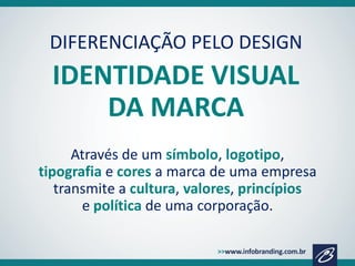DIFERENCIAÇÃO PELO DESIGN

IDENTIDADE VISUAL
DA MARCA
Através de um símbolo, logotipo,
tipografia e cores a marca de uma empresa
transmite a cultura, valores, princípios
e política de uma corporação.

 