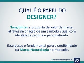 QUAL É O PAPEL DO

DESIGNER?
Tangibilizar a proposta de valor da marca,
através da criação de um símbolo visual com
identidade própria e personalizado.

Esse passo é fundamental para a credibilidade
da Marca Naturologia no mercado.

 