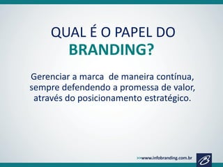 QUAL É O PAPEL DO

BRANDING?
Gerenciar a marca de maneira contínua,
sempre defendendo a promessa de valor,
através do posicionamento estratégico.

 
