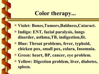 Color therapy...
a Violet: Bones,Tumors,Baldness,Cataract.
a Indigo: ENT, facial paralysis, lungs
  disorder, asthma,TB, indigestion,fit.
a Blue: Throat problems, fever, typhoid,
  chicken pox, small pox, colara, Insomnia.
a Green: heart, BP, cancer, eye problem.
a Yellow: Digestion problem, liver, diabetes,
  spleen.
 