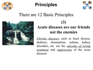 (3)
Acute diseases are our friends
not the enemies
Chronic diseases, such as heart disease,
diabetes, rheumatism, asthma, kidney
disorders, etc. are the outcome of wrong
treatment and suppression of the acute
diseases
Principles
There are 12 Basic Principles
 